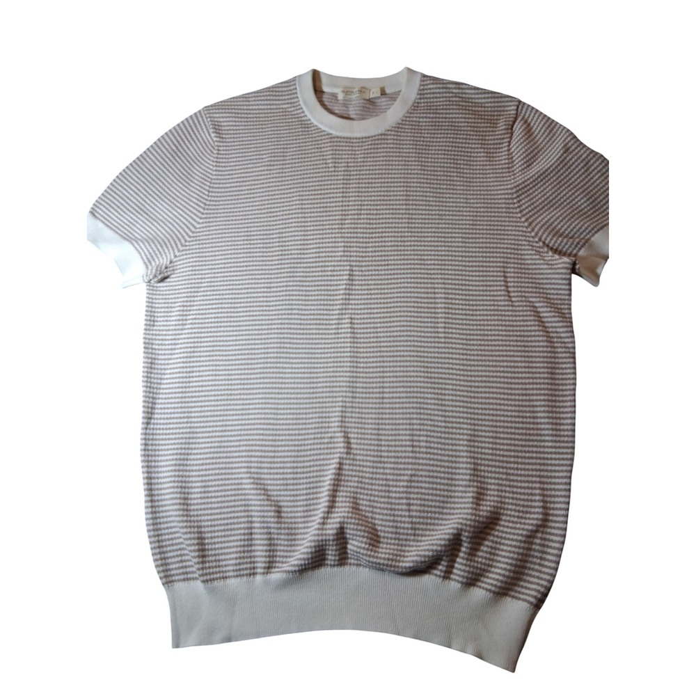 Suitsupply Mens Pure Cotton Striped Knit Short Sleeve Crew Neck Sweater Tan L